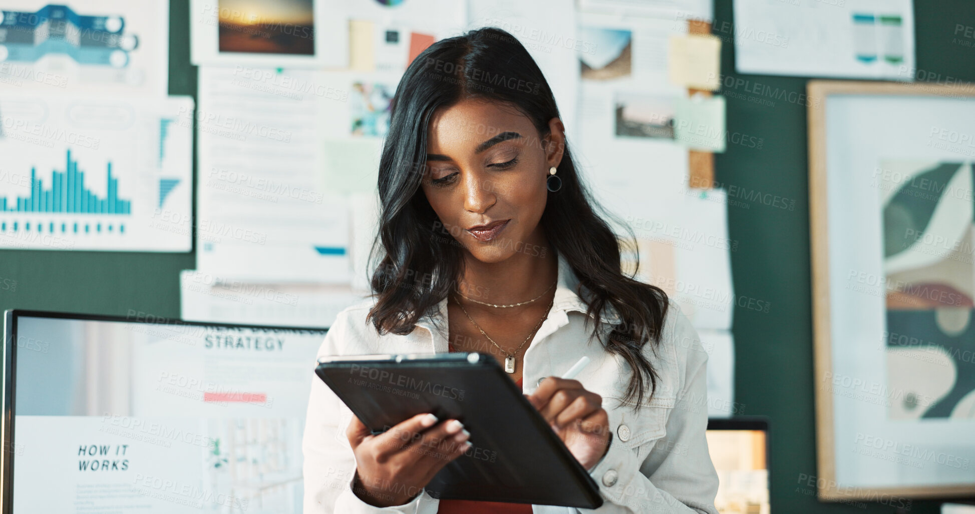 Buy stock photo Smile, woman and tablet in office at house for finance portfolio, reading report and accounting growth of company. Female person, digital and information of investment, project and online feedback