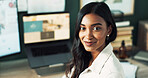 Woman, confident and deadline of business, portrait and smile for story, journalist and computer on desk. Office, proud and reporter with ideas for news, inspiration and process for media agency