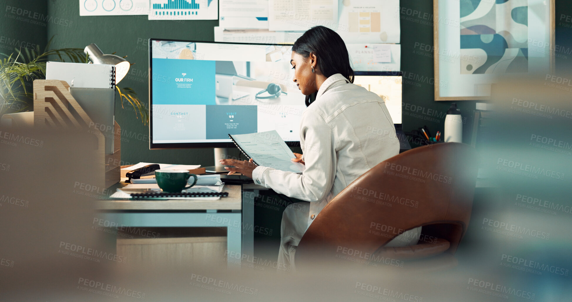 Buy stock photo Woman, document and computer in office at house for reading report, finance budget or accounting growth of company. Female person, paperwork and review analysis, kpi progress and business development