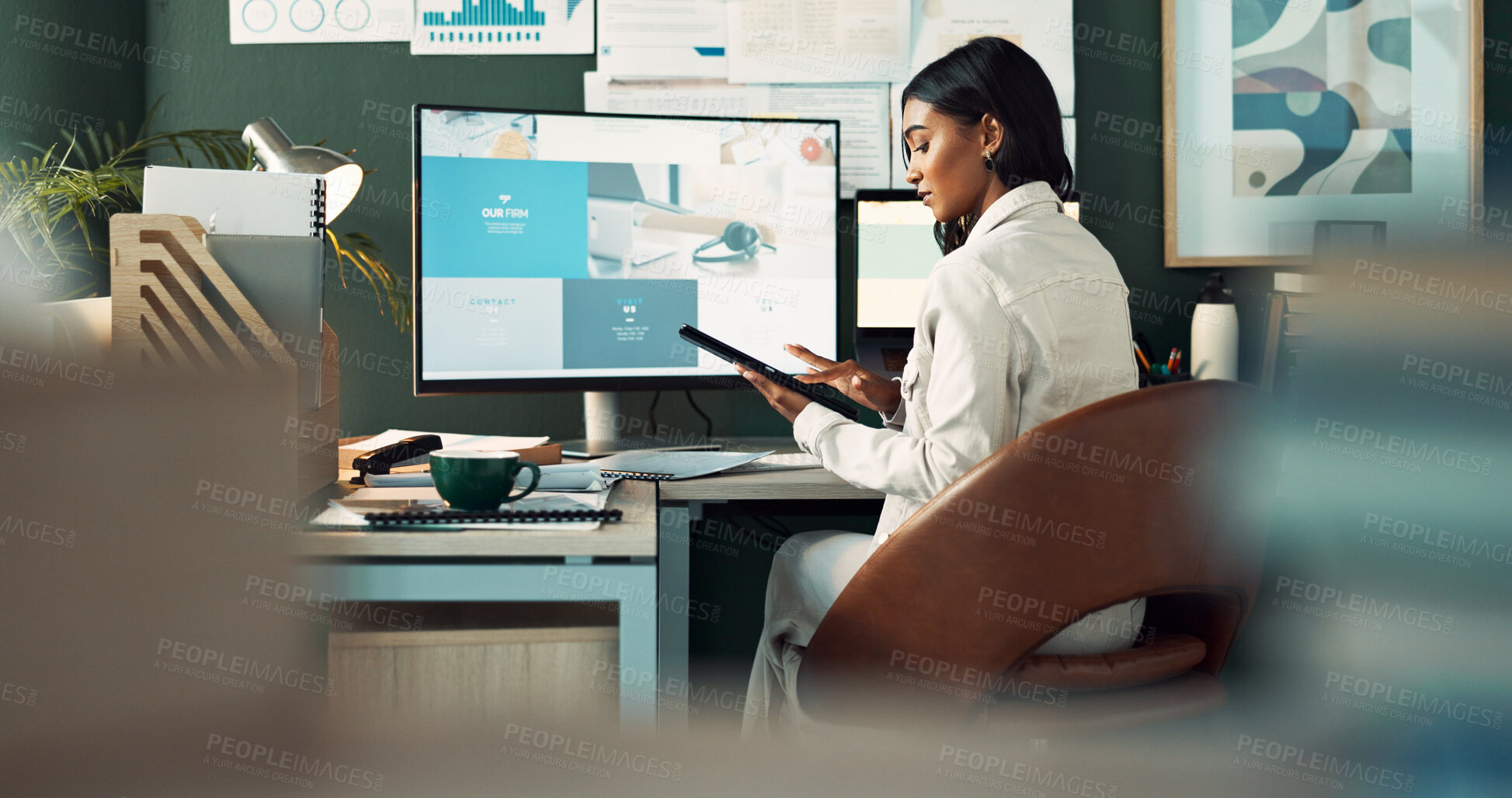 Buy stock photo Woman, tablet and computer in office at house for finance portfolio, reading report and accounting growth of company. Female person, digital and information of investment, project and budget plan