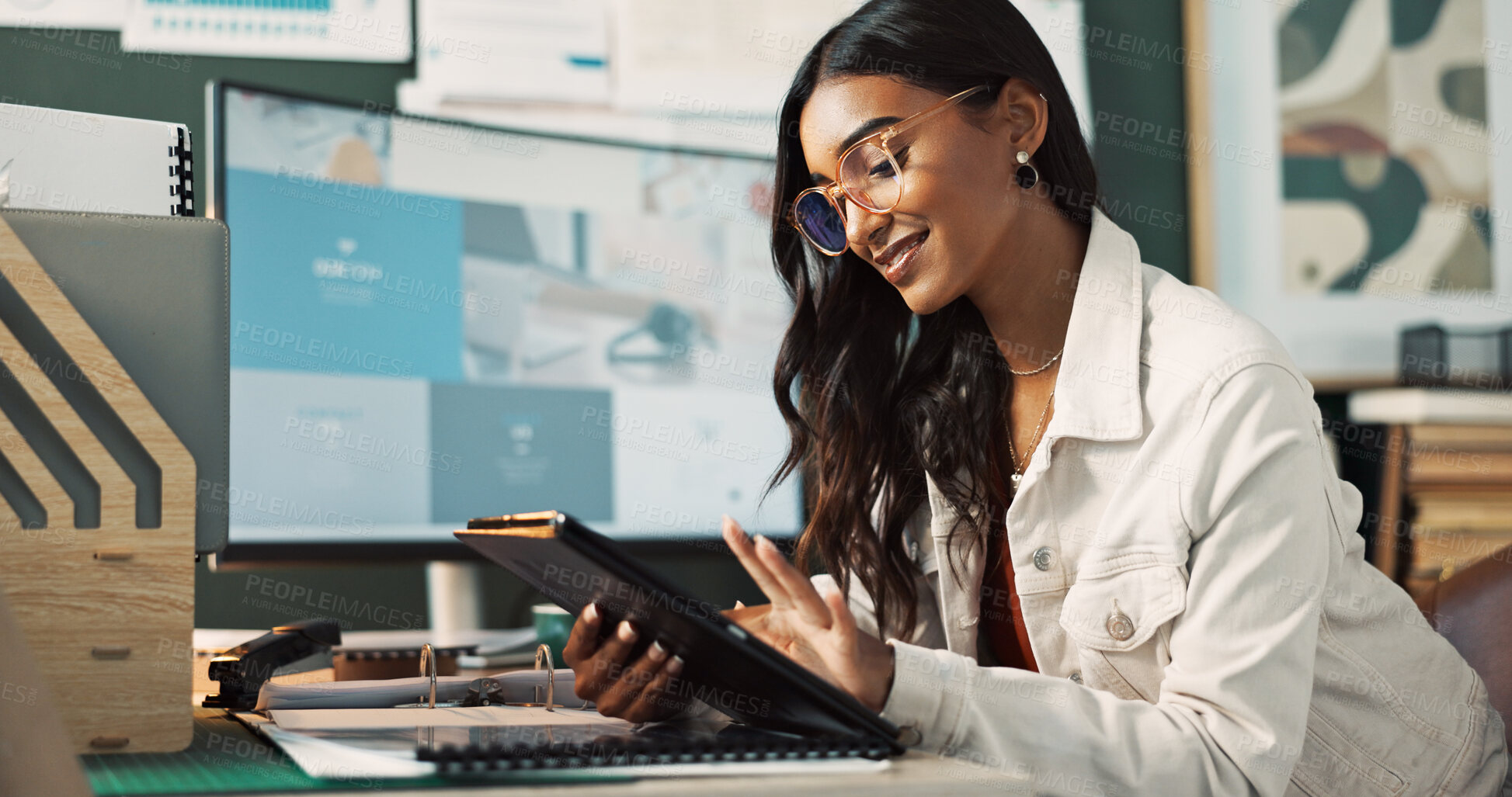 Buy stock photo Happy, woman and tablet in office at house for finance portfolio, reading report and accounting growth of company. Female person, digital and review kpi of project, website and budget plan feedback