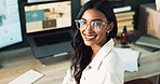 Woman, glasses and deadline of business, portrait and smile for story, journalist and computer on desk. Office, proud and reporter with ideas for news, inspiration and process for media agency