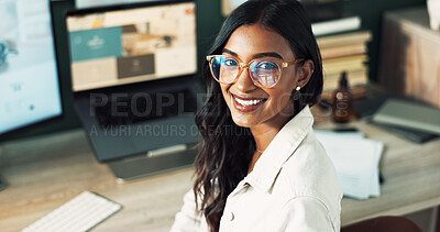 Buy stock photo Woman, glasses and deadline of business, portrait and smile for story, journalist and computer on desk. Office, proud and reporter with ideas for news, inspiration and process for media agency