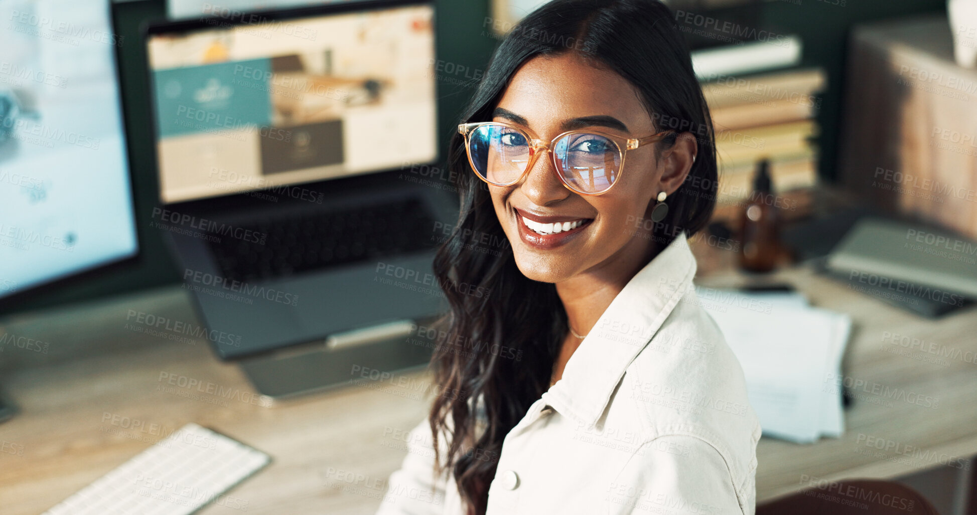 Buy stock photo Woman, glasses and deadline of business, portrait and smile for story, journalist and computer on desk. Office, proud and reporter with ideas for news, inspiration and process for media agency