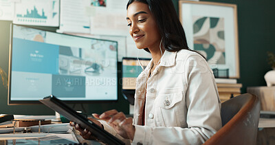 Buy stock photo Woman, headphones and tablet in office at house for finance portfolio, reading report and accounting growth of company. Female person, digital and listening to music, podcast and investment project 