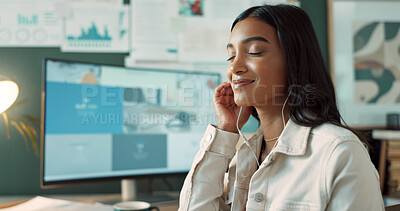 Buy stock photo Indian woman, earphones and music to relax, desk and thinking for story, journalist and smile. Office, contemplating and reporter with ideas for news, inspiration and process for media agency