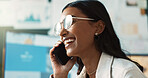 Phone call, laughing and woman in office, glasses and listening to joke to schedule meeting for company. Talking, vision and happiness of person with mobile, communication and secretary in business