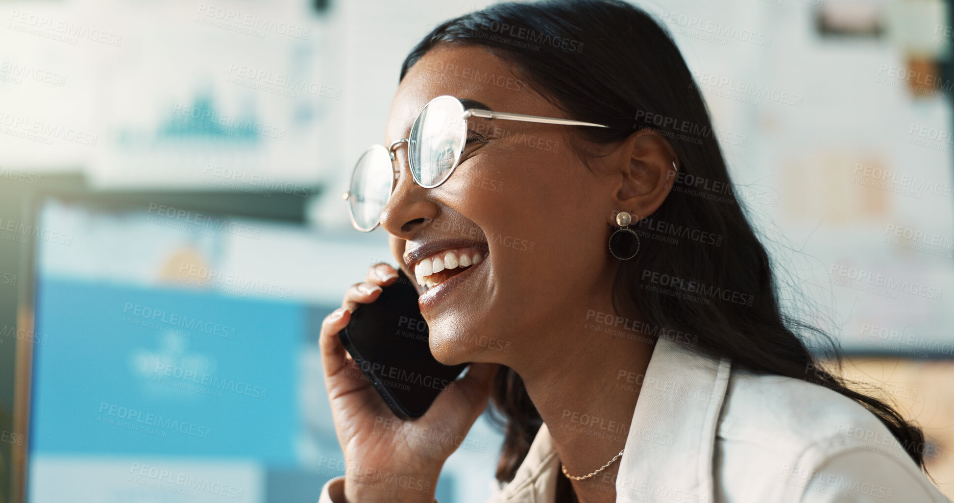 Buy stock photo Phone call, laughing and woman in office, glasses and listening to joke to schedule meeting for company. Talking, vision and happiness of person with mobile, communication and secretary in business