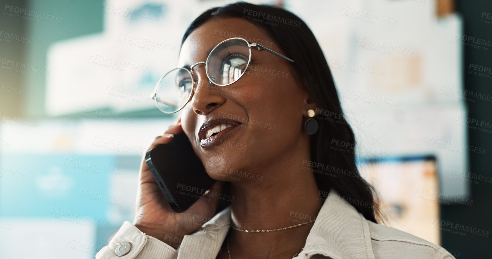 Buy stock photo Phone call, talking and woman in office, glasses and listening to contact to schedule meeting for company. Conversation, vision and happy person with mobile, communication and secretary in business