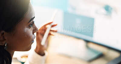 Buy stock photo Woman, thinking and deadline of business, desk and brainstorming for story, journalist and serious. Office, contemplating and reporter with ideas for news, inspiration and process for media agency