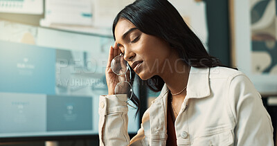 Buy stock photo Woman, headache and stress of deadline, desk and brainstorming for story, journalist and serious. Office, contemplating and reporter with ideas for news, migraine and process for media agency