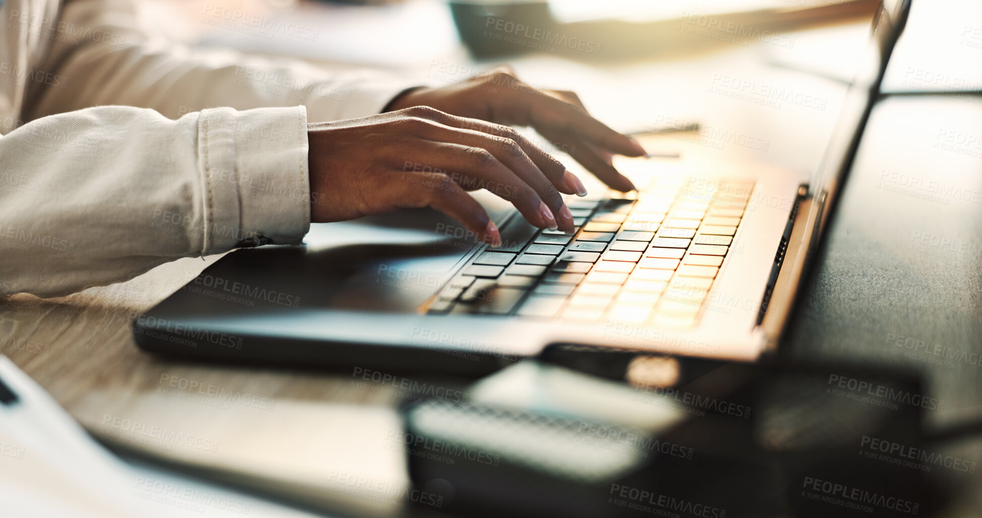 Buy stock photo Keyboard, typing and hands of employee, desk and creative for ebook, writer and romance genre for agency. Online, closeup and author with laptop, person and digital for publisher, writing and office