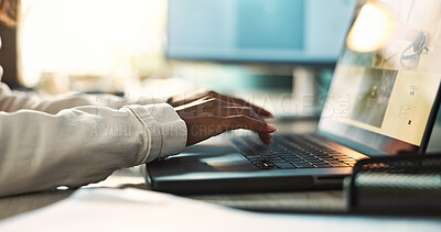 Buy stock photo Laptop, typing and hands of employee, creative and review for product, online and writer in social media. Digital, blogger and closeup of person in office, keyboard and display of computer on desk