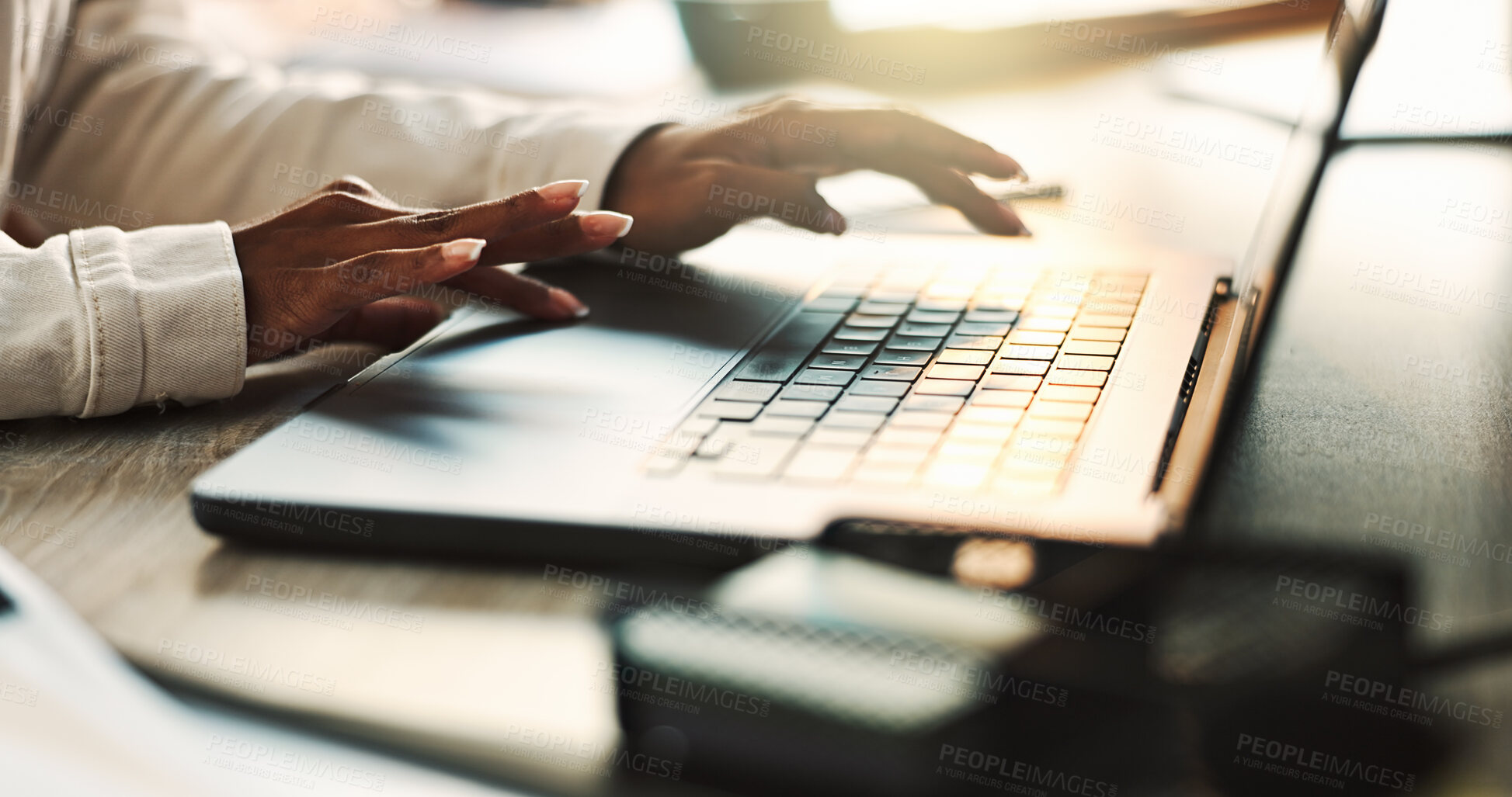 Buy stock photo Laptop, hands and typing on desk, online and history student with assignment, research and learning. Digital, keyboard and project for person in university, historian or college major with computer