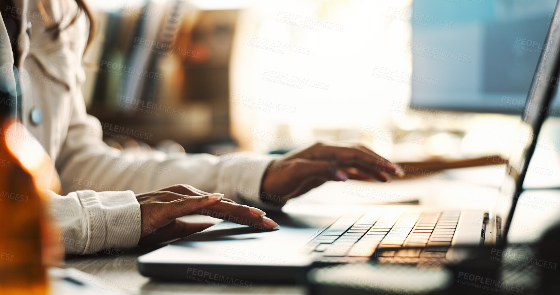 Buy stock photo Laptop, hands and typing on desk, digital and history student with assignment, research and closeup. Online, keyboard and project for person in university, historian or literature major with computer