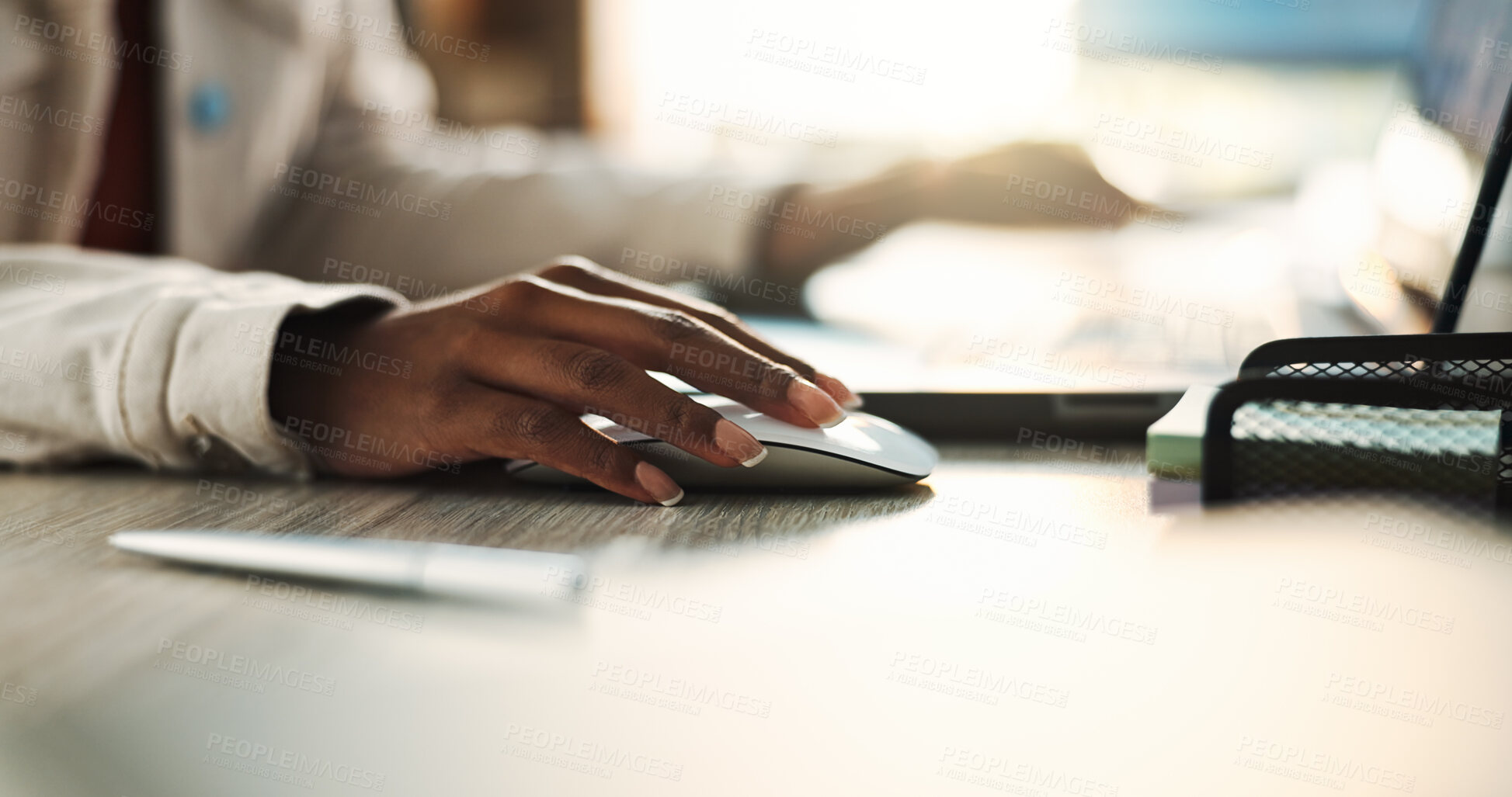 Buy stock photo Hands, desk and mouse for research, online and reporter with breakthrough in story, typing and laptop. Closeup, person and journalist with pitch for media agency, email and process for article