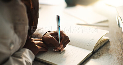 Buy stock photo Notes, writing and hands on desk, office and closeup of secretary, schedule and journal for planning. Notebook, employee and person with pen, professional and busy in business, table and receptionist