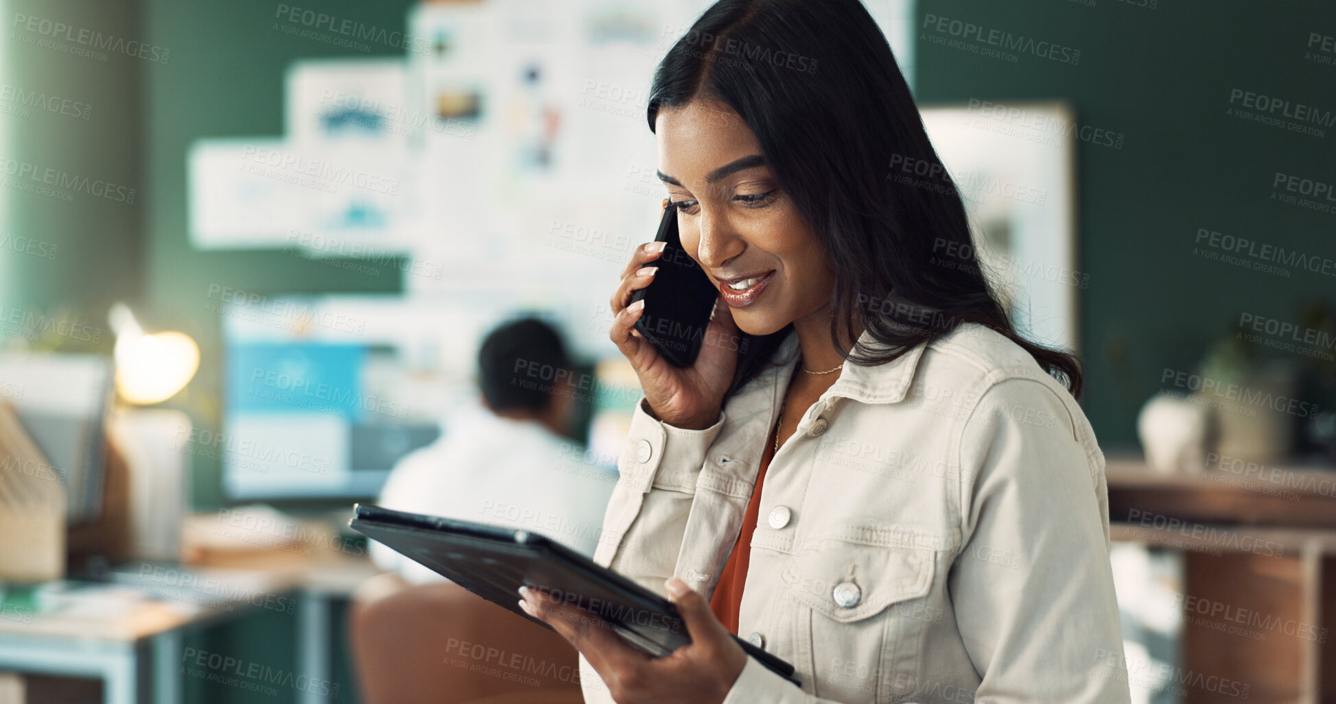 Buy stock photo Girl, tablet and conversation on phone call in office for manage schedule, appointment and meetings for client. Female employee, technology and professional engagement for feedback, online and work.