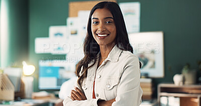 Buy stock photo Portrait, business or happy Indian woman with arms crossed, pride and confidence in modern office. Consultant, professional and financial analyst with finance career, smile and corporate ambition