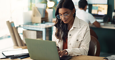 Buy stock photo Glasses, communication and woman with laptop in office for project plan, information and update. Creative, person and web design with tech at desk for digital portfolio, research and ux development