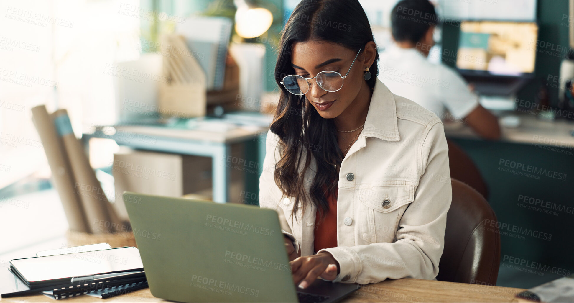 Buy stock photo Glasses, communication and woman with laptop in office for project plan, information and update. Creative, person and web design with tech at desk for digital portfolio, research and ux development