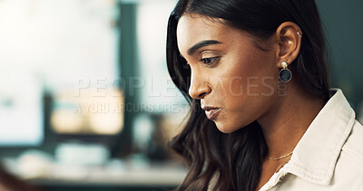 Buy stock photo Thinking, decision and Indian woman planning future, brainstorming or inspiration for creative project. Idea, dream and profile of person in startup office for solution, reflection or remember memory