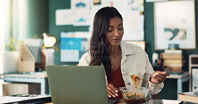 Buy stock photo Woman, eating and food in home office with laptop for online, remote work and lunch break for hunger or multitasking. Female freelancer, internet and noodles with salad for healthy diet and brunch.