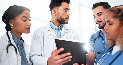 Buy stock photo Doctor, teamwork and tablet for healthcare research, planning and collaboration with residency training. Nurse and medical people on digital technology for clinic, hospital or management software