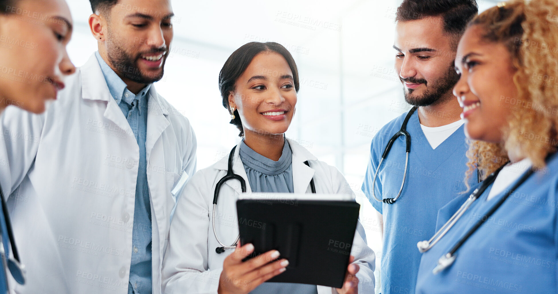 Buy stock photo Doctor, teamwork and group planning on tablet for healthcare research, workflow and collaboration in residency. Nurse and people with new digital technology or solution for diversity in medical trial