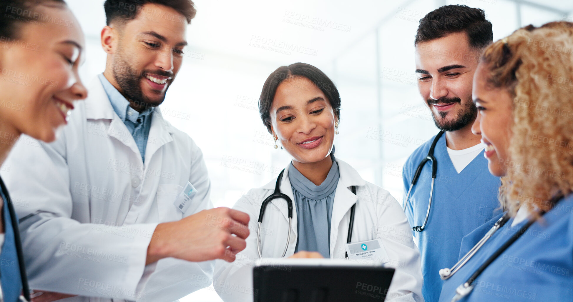 Buy stock photo Doctor, nurse and team planning on tablet for healthcare research, workflow and collaboration in residency. Medical people on digital technology for clinic software solution or group problem solving