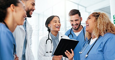 Buy stock photo Doctor, nurse and team work on tablet for healthcare research, workflow or happy collaboration in residency training. Medical people on digital technology for clinic software solution and group laugh