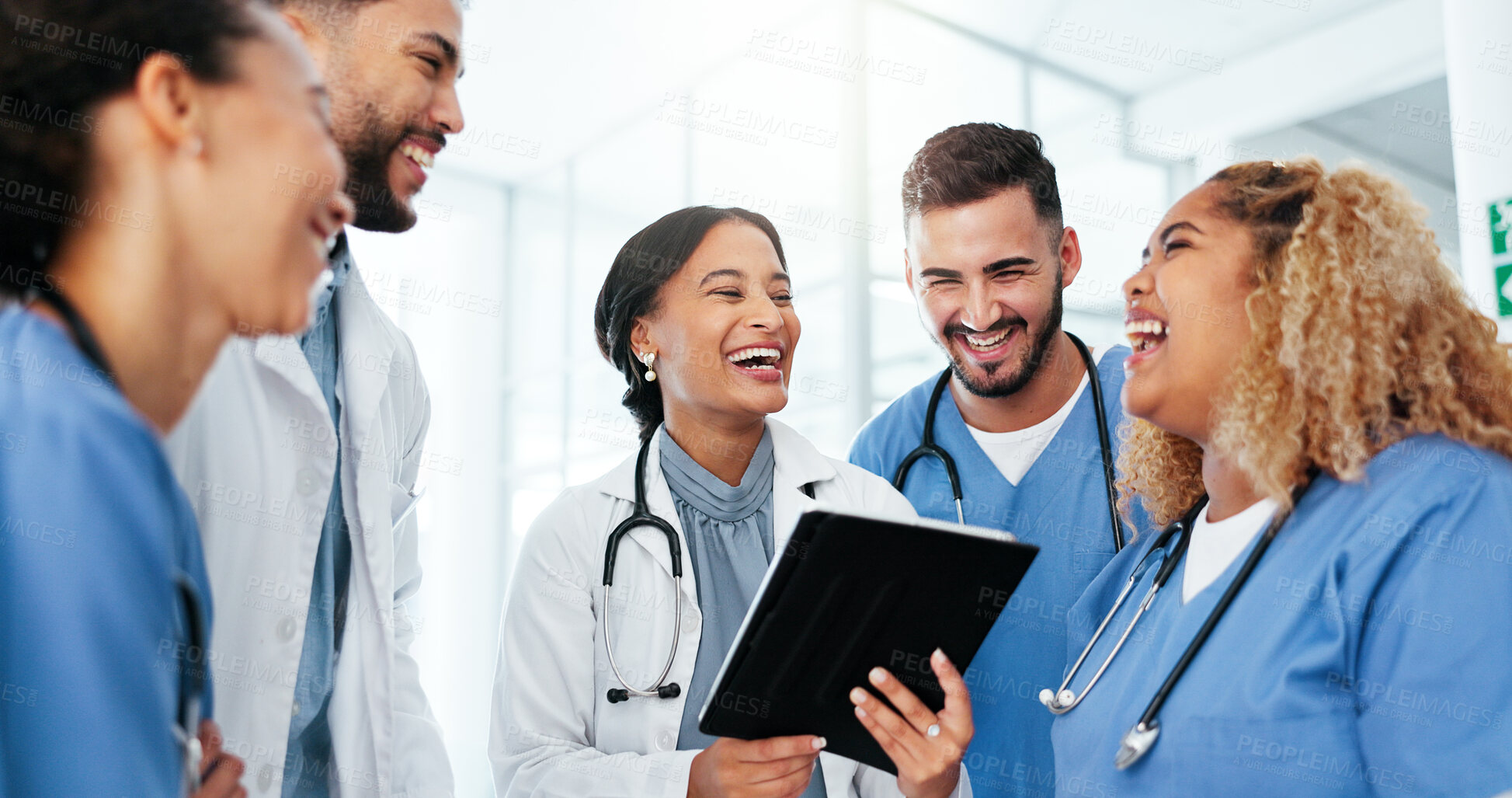 Buy stock photo Doctor, nurse and team work on tablet for healthcare research, workflow or happy collaboration in residency training. Medical people on digital technology for clinic software solution and group laugh