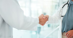 Doctors, welcome and shaking hands for healthcare, meeting and clinical research with hello, consultation or advice. Medical people with handshake for introduction, success or research collaboration