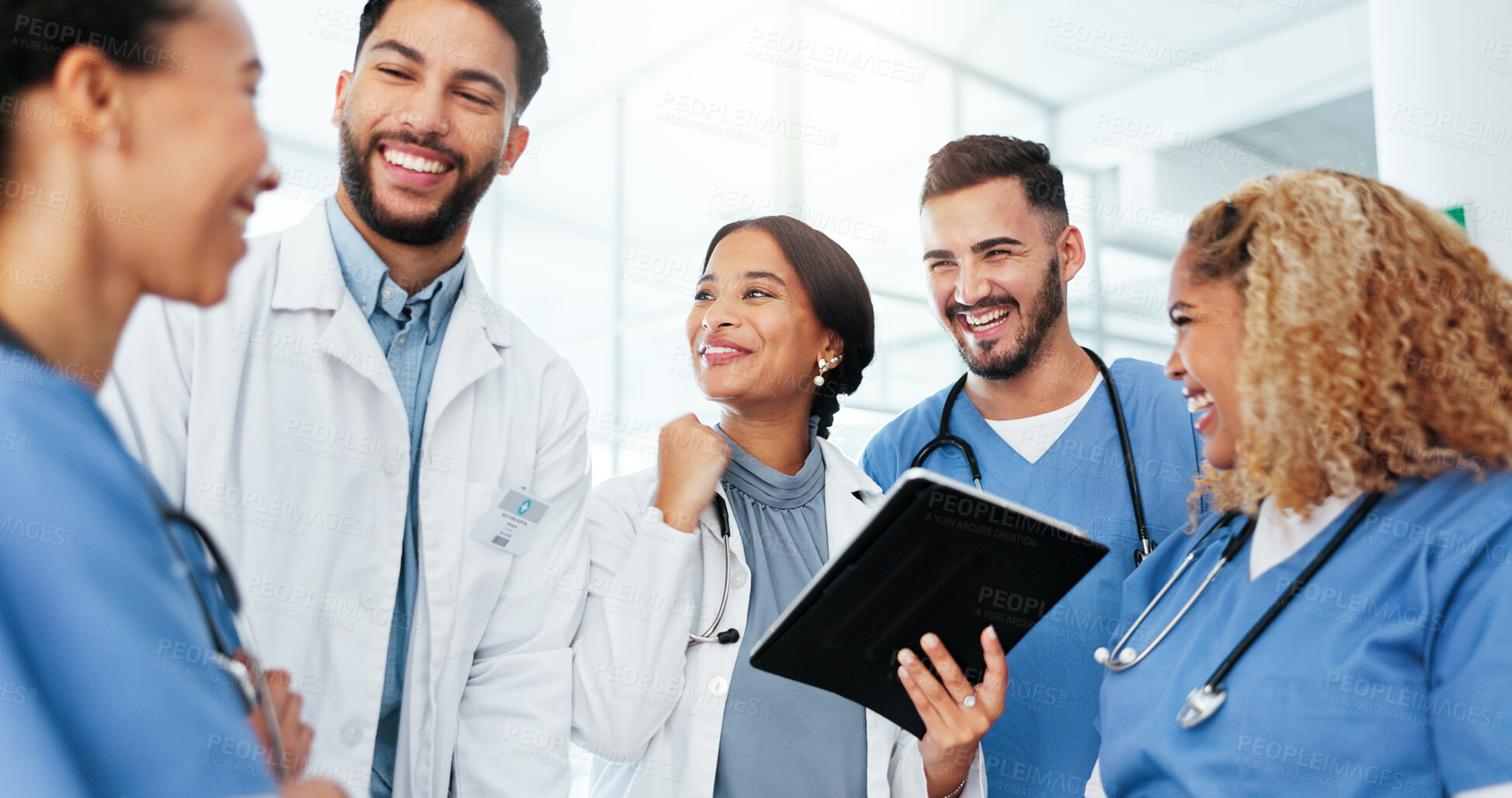 Buy stock photo Doctor, nurse and celebration on tablet for healthcare results, research report success and residency achievement. Medical people with yes, fist and excited for team, motivation and digital solution