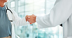 Doctors, introduction and shaking hands for hello, meeting and onboarding with medical trial in consultation or advice. Healthcare people with handshake for welcome, success or research collaboration