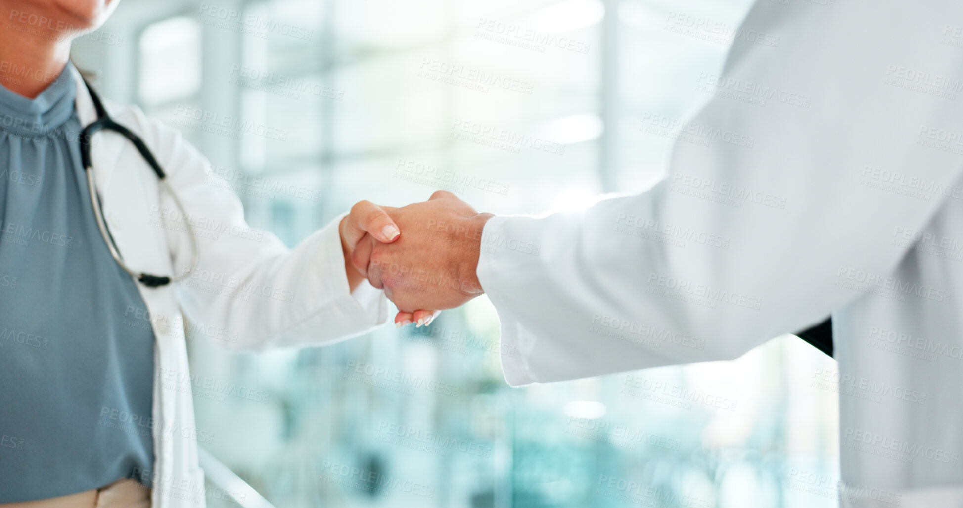 Buy stock photo Doctors, introduction and shaking hands for hello, meeting and onboarding with medical trial in consultation or advice. Healthcare people with handshake for welcome, success or research collaboration