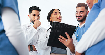 Buy stock photo Medical research, teamwork and doctor in hospital, file and talking to interns, explaining and report. Clinic, mentor and woman with paperwork of diagnosis, man and thinking for cure of sickness