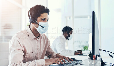 Buy stock photo Business, mask and telemarketing with man, call center and computer with headphones. Face cover, employee and agent for help desk, consulting and policy for workplace healthcare compliance or typing