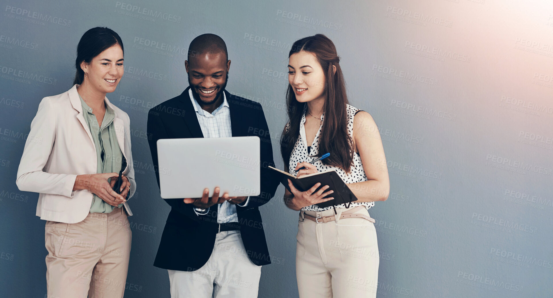 Buy stock photo Meeting, teamwork and business people with laptop, planning and brainstorming for project. Group, feedback and computer with deadline, schedule and employees with technology on gray background