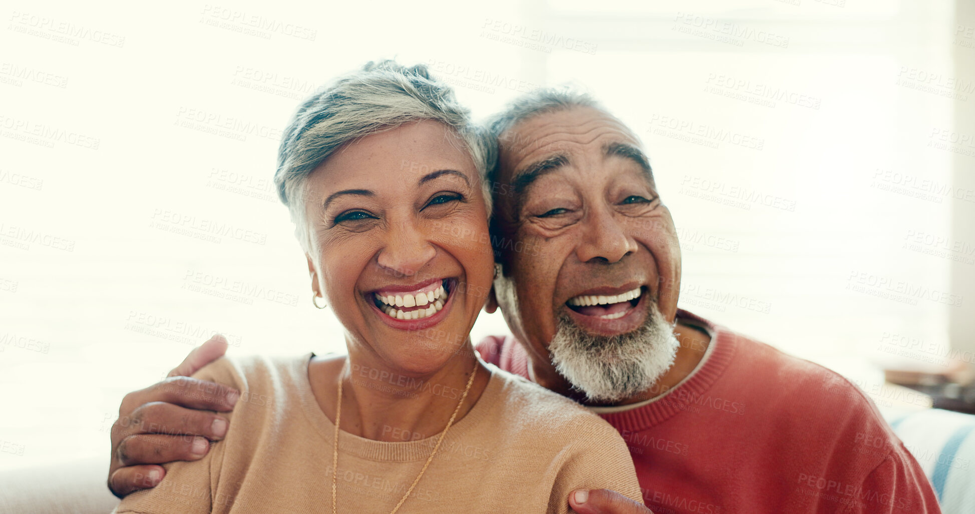 Buy stock photo Portrait, embrace and senior couple on sofa for bonding, love and happy memory in home living room. Mature man, woman and romantic morning to relax with hug, smile and marriage in retirement together