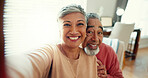 Mature couple, selfie and happy in home for retirement to love, care and support or bonding. People, relationship and smile as pensioner for marriage with fun, portrait and memories for social media