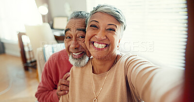 Buy stock photo Selfie, smile and senior couple on couch for bonding, love and happy memory in home living room together. Mature man, woman and excited face on sofa for photography, relax or marriage in retirement