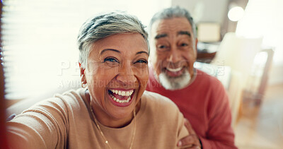 Buy stock photo Selfie, smile and senior couple on sofa for bonding, love and happy memory in living room together. Mature man, woman and excited face for digital photography, relax or marriage in retirement at home