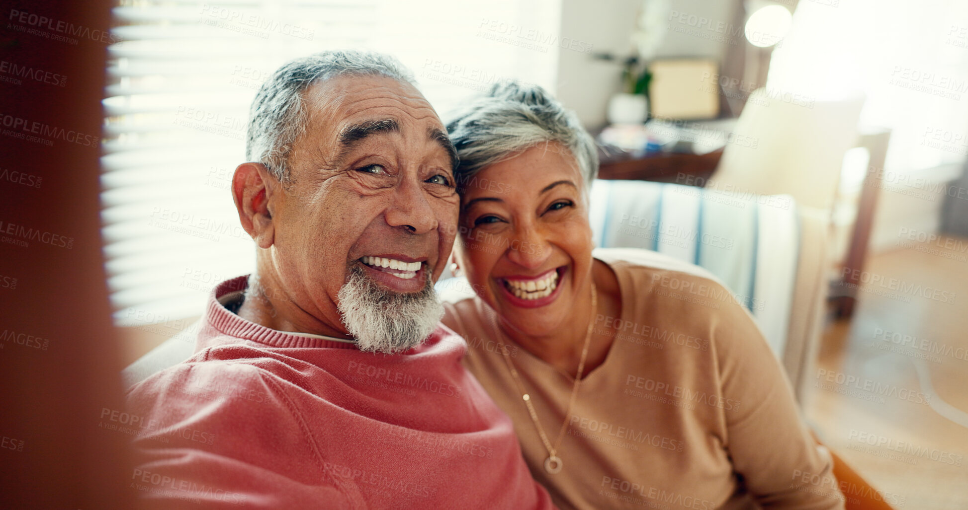 Buy stock photo Mature couple, selfie and smile in home for retirement to love, care and support or bonding. People, relationship and happy as pensioner for marriage with fun, portrait and memories for social media