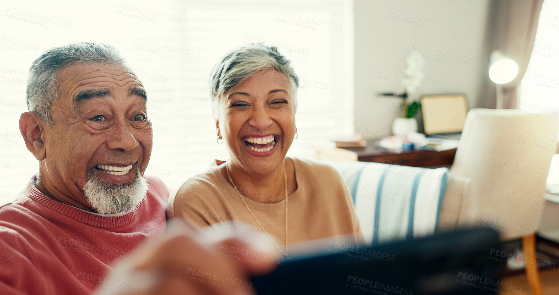 Buy stock photo Mature couple, selfie and smile in home for retirement to love, care and support or bonding. People, relationship and happy as pensioner for marriage with fun, break and memories for social media