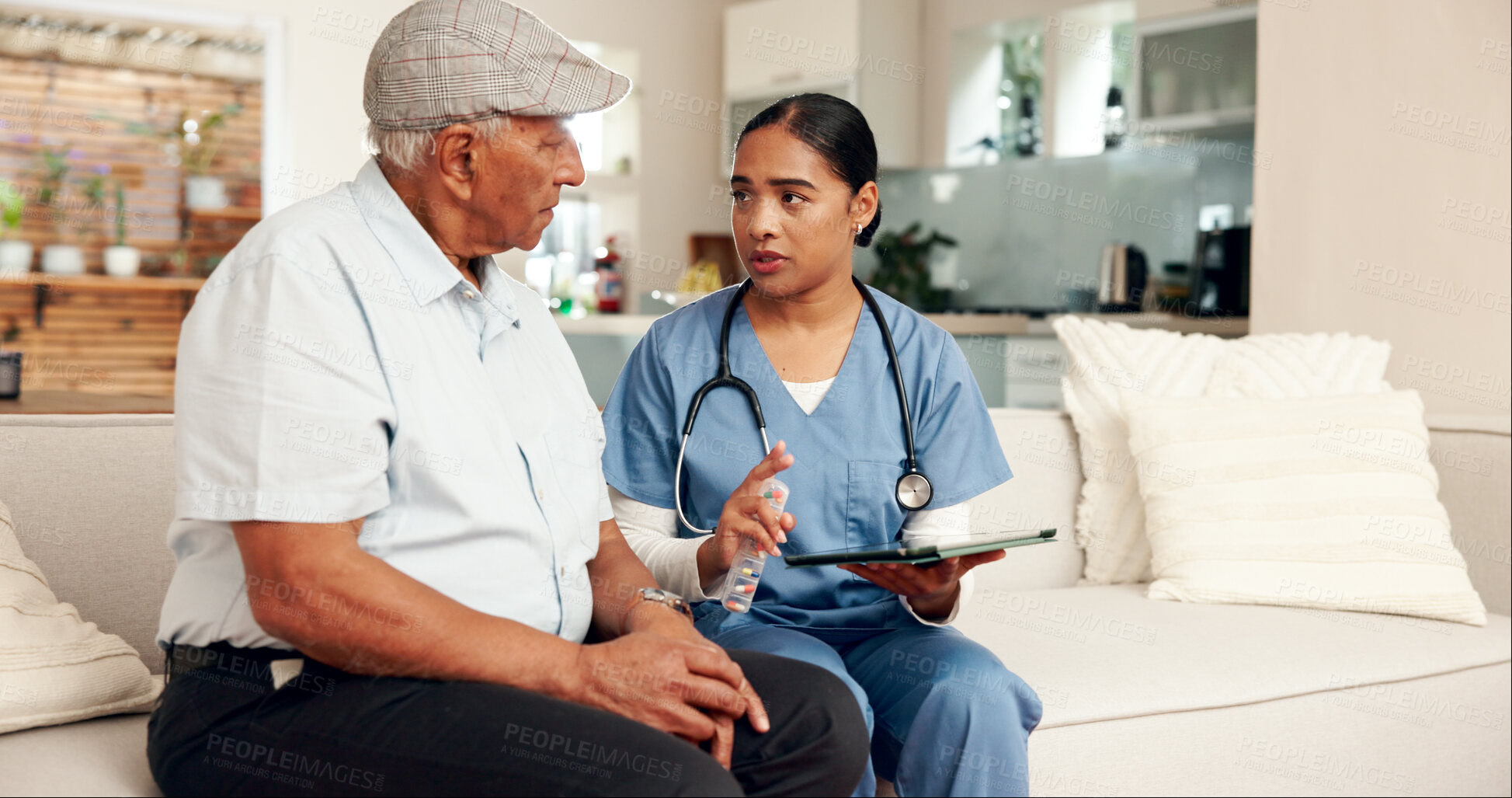 Buy stock photo Elderly care, doctor or senior man on sofa for consultation, information or instructions for pills in living room. Female carer, retired patient or talk on couch for healthcare, wellbeing or medicare