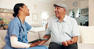 Buy stock photo Senior care, nurse and happy man on sofa for support, medical success and update in home. Female caregiver, elderly patient and discussion on couch for healthcare, positive results and good news