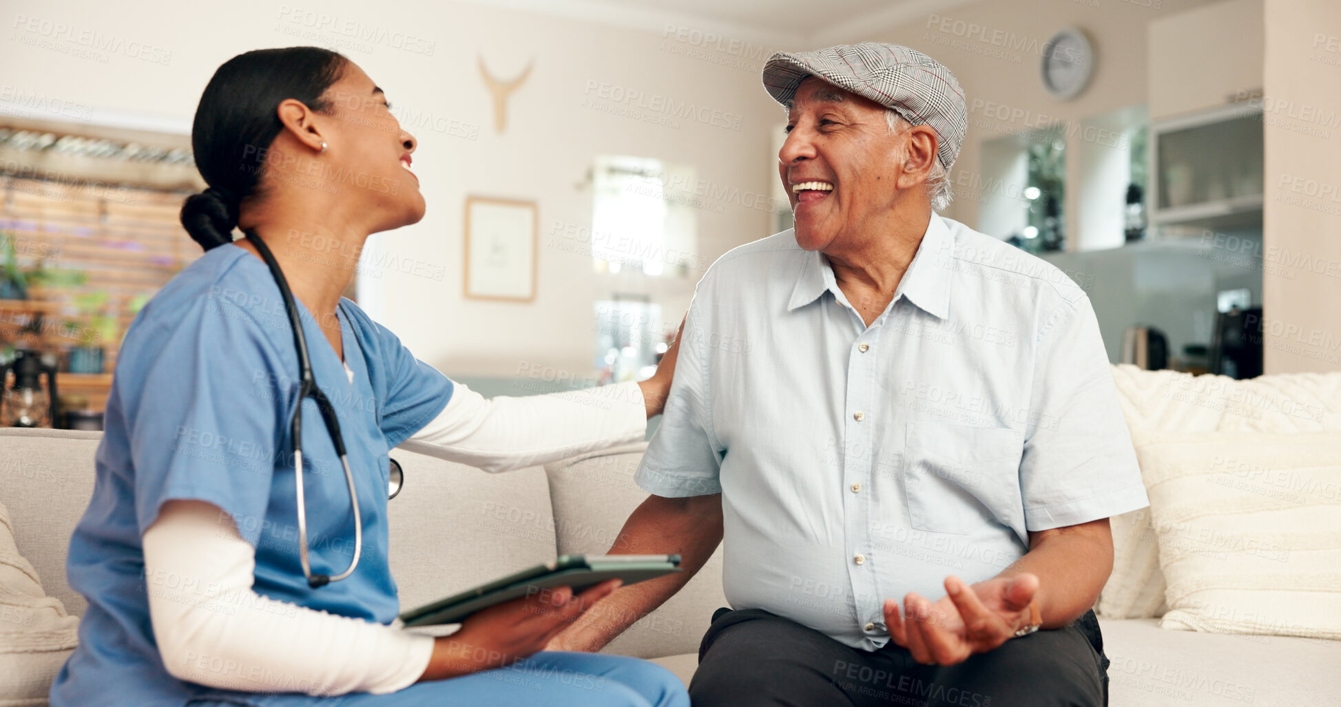 Buy stock photo Senior care, nurse and happy man on sofa for support, medical success and update in home. Female caregiver, elderly patient and discussion on couch for healthcare, positive results and good news