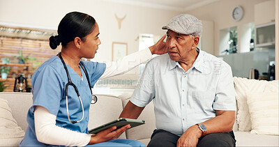 Buy stock photo Elderly care, nurse and senior man on sofa for consultation, routine check up and diagnosis in living room. Female carer, retired patient and assessment on couch for healthcare, wellbeing or medicare