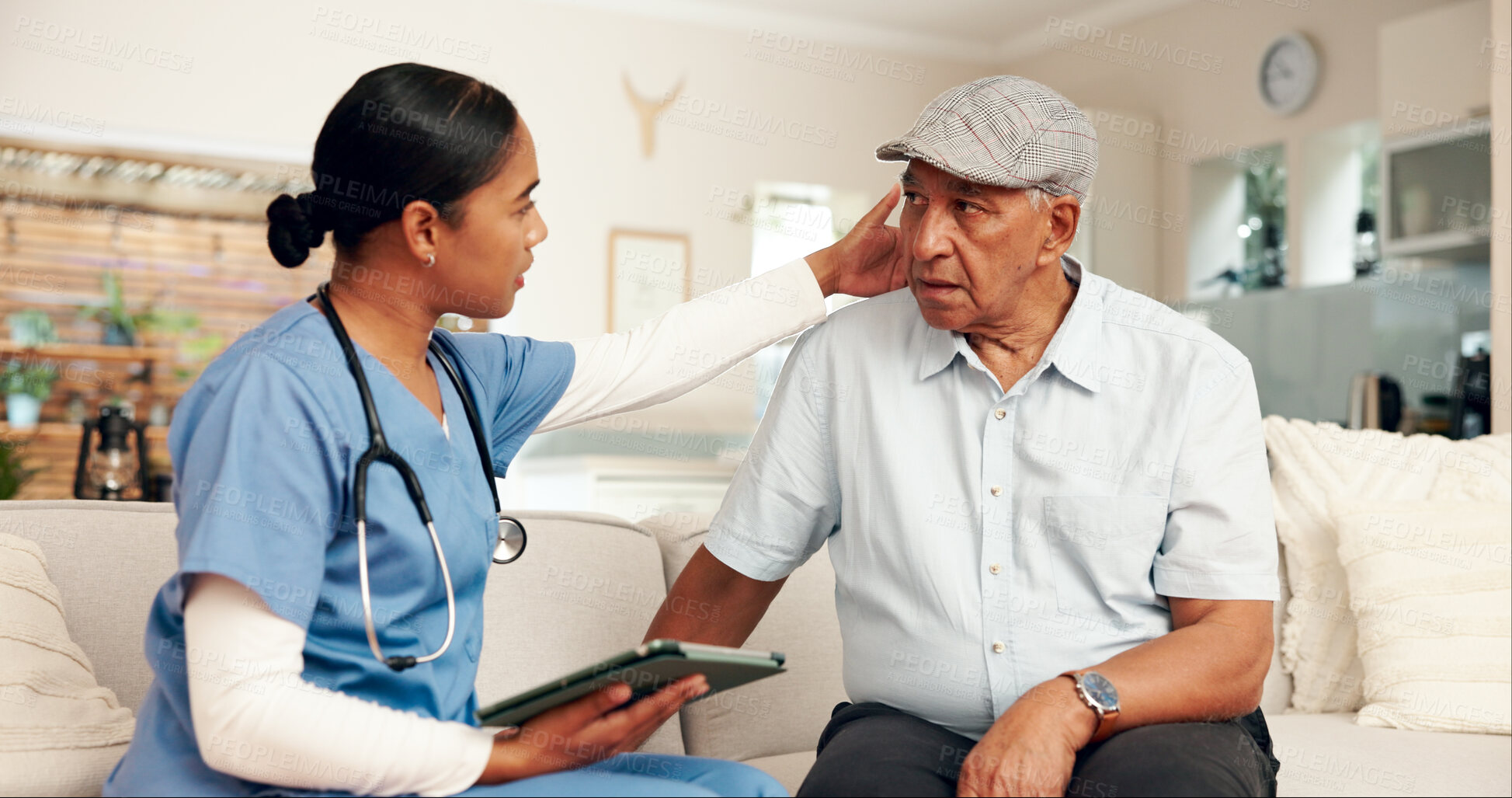 Buy stock photo Elderly care, nurse and senior man on sofa for consultation, routine check up and diagnosis in living room. Female carer, retired patient and assessment on couch for healthcare, wellbeing or medicare